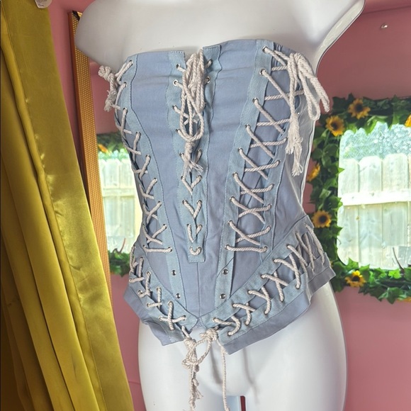 Light Blue Lace-Up Corset Top - Picture 5 of 9